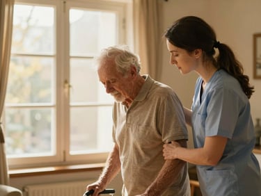 Caregiver gently assisting a senior with walking indoors, warm home interior, focus on supportive interaction, soft window light.