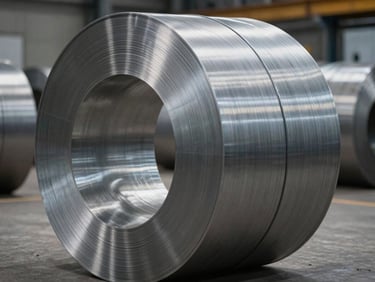Stainless steel coil roll on industrial floor, brushed surface catching cool overhead warehouse light, tight macro framing on the coil edge and finish texture