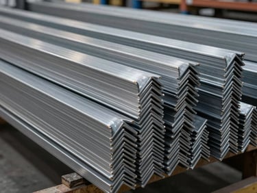 Stainless steel angle bars and flat bars arranged in organized rows on warehouse shelving, cool industrial lighting from above, surface finish detail visible on edges