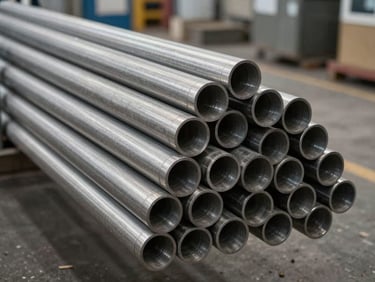 Close-up of stainless steel round tubes bundled together at a loading bay, cut ends showing wall thickness, cool warehouse ambient light, no people