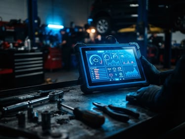 Modern diagnostic screen showing vehicle data in a clean workshop, moody lighting, electric blue glow, focused on the screen with tools blurred in foreground.
