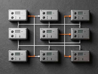 A straight-on technical system architecture diagram on a slate-gray background, showing clean white and orange logic flow lines connecting legacy databases to isolated API containers, cool neutral lighting.
