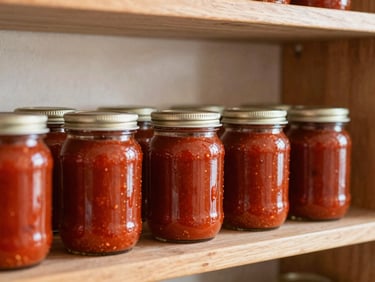 Rustic glass jars filled with rich red homemade tomato sauce on a warm wooden pantry shelf, natural light.