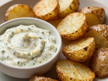 Close-up of a portion of crispy hand-cut potatoes served with a rustic garlic aioli dip in a small ceramic bowl.