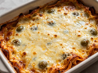 Overhead shot of a family-sized lasagna in a rustic baking dish, bubbling mozzarella cheese, golden crust, warm afternoon light, 35mm