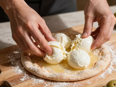 Close-up of hands placing fresh mozzarella on a pre-baked pizza crust on a wooden board, flour dust, warm sunlight, 35mm