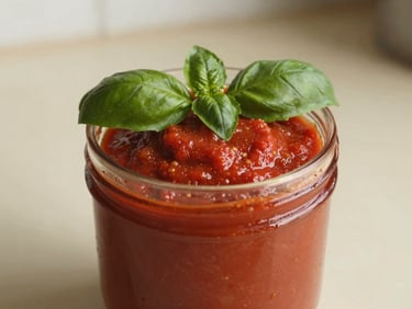 Close-up of a rustic glass jar filled with rich red pomodoro sauce, fresh basil leaf on top, warm kitchen background with soft shadows, 35mm