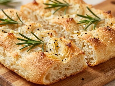 Close-up of golden, crispy garlic focaccia sliced on a wooden board, fresh rosemary sprinkled on top.