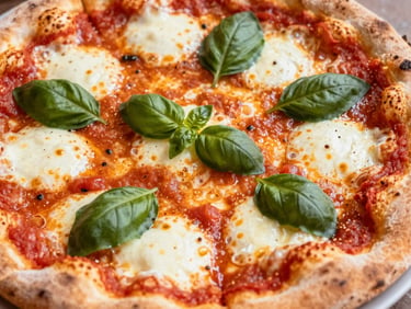 Close-up of a classic Margherita pizza with bubbling mozzarella, rich red tomato sauce, and fresh green basil leaves.