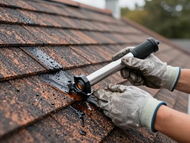 Close-up of a roofer's gloved hands applying sealant around a chimney flashing on a residential roof, water stain visible on the surrounding shingles showing the leak source