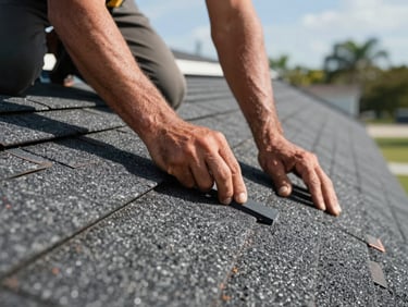 Close-up of roofers' hands nailing fresh asphalt shingles onto a residential roof deck in bright Florida daylight, shingle tabs fanned across the surface showing texture
