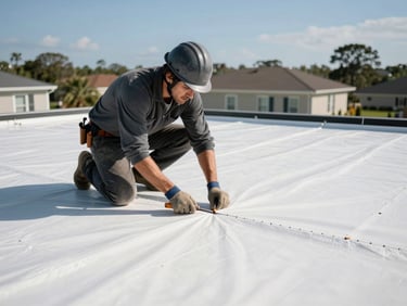Roofer applying white TPO membrane to a low-slope flat roof on a residential Florida home, seams being heat-welded under clear midday sky