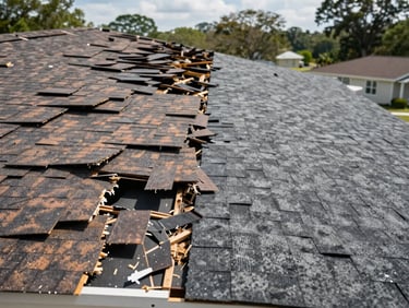 Before-and-after split of a storm-damaged roof being repaired — torn shingles removed on one side, fresh replacement shingles laid on the other, taken in daylight on a real Clewiston home