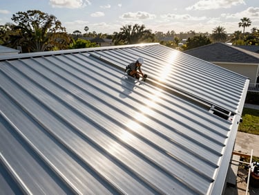 Wide shot of a standing-seam metal roof being installed on a Florida home, afternoon sun glinting off the panels, roofer visible on the slope adjusting a seam