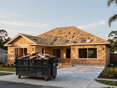Wide environmental shot of a fully stripped and re-roofed Florida home mid-project, old shingles piled in a dumpster on the driveway, fresh underlayment visible under warm afternoon sky