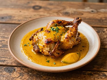 Rustic ceramic plate with roasted chicken in a rich golden mango sauce, fresh herbs, on a weathered wooden table