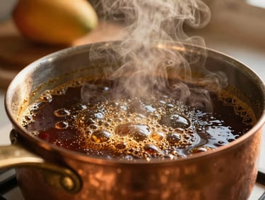 Close-up of bubbling dark molasses in a copper pot, steam rising, warm golden light, rustic kitchen background