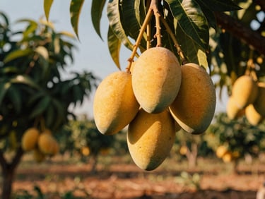 Close-up of golden ripe mangoes hanging from a branch in a rural Brazilian orchard, low-angle warm golden hour sunlight, 35mm film style