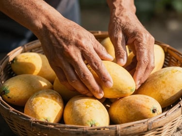 Close-up of weathered hands arranging ripe yellow mangoes in a woven basket under warm afternoon sun.