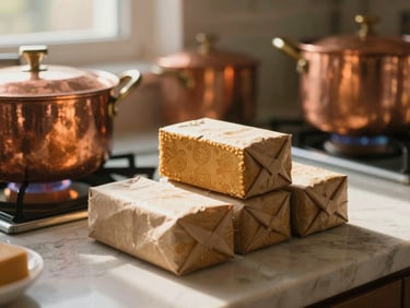 Cozy indoor kitchen scene with firelight reflecting on copper pots and artisanal taiada blocks wrapped in brown paper.