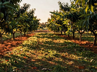 A wide panoramic view of a rural orchard in Caçapava during golden hour, long shadows on the grass.