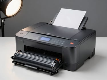 Studio product shot of a professional laser printer on a white surface, studio strobe from above, toner cartridge visible beside unit, precise and clinical framing