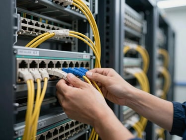 Wide shot of a corporate network closet, technician's hands terminating a fiber patch cable into a switch panel, north-facing functional lighting, rows of labeled patch cables in background, shallow depth of field on hands