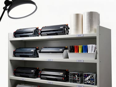 Organized office supply shelving unit with labeled bins of toner cartridges, paper reams, and cable management accessories, studio strobe overhead, white background