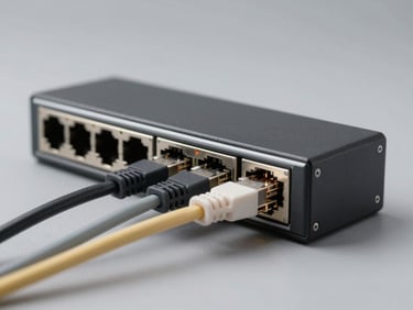 Studio shot of a managed network switch with ethernet cables plugged in, indicator LEDs visible, shot against a neutral gray background under even strobe lighting, extreme close-up framing
