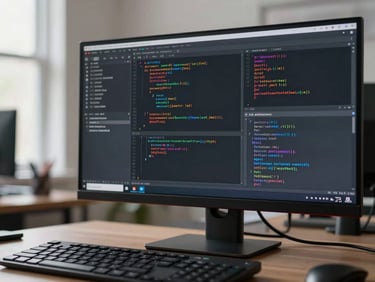 Monitor displaying clean lines of code in a dark IDE, keyboard in foreground partially out of focus, north-facing daylight from left, functional office setting