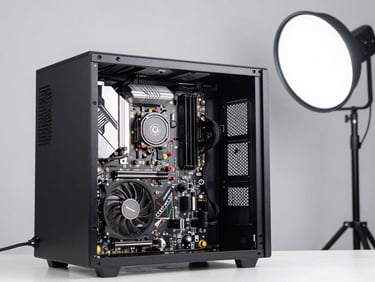 Desktop workstation tower with side panel removed showing internal components, studio strobe from upper right, white background, sharp focus on motherboard and GPU