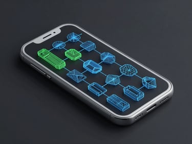 Abstract vector wireframe of a mobile UI flow, clean geometric lines in cyber blue and electric mint on a deep charcoal canvas, high legibility.