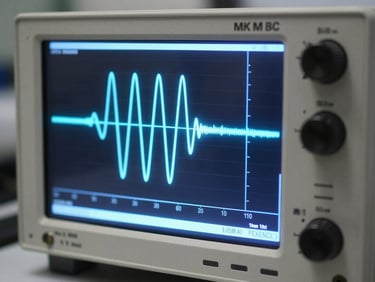 Close-up of oscilloscope waveforms displaying sharp transient responses, illuminated by crisp blue LED laboratory lighting.