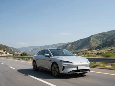 Modern sedan driving on a clean highway through a scenic valley, bright natural daylight, clear skies, low horizon