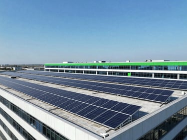 Wide aerial shot of a large corporate rooftop covered in neat solar panels, crisp daylight, blue sky, 35mm photography