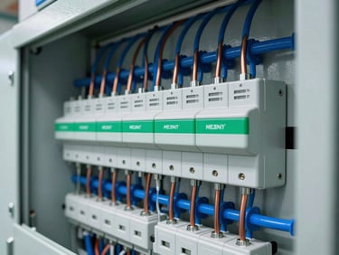 Close-up of a clean industrial electrical panel, organized blue and copper wiring, sharp technical detail, cold lighting