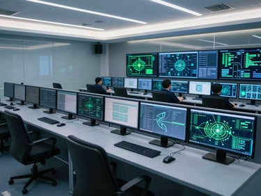 Modern security control room, clean monitors displaying network architecture, soft blue and green ambient light, professional atmosphere