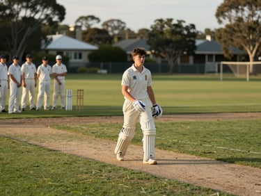 Wide shot of a teenage boy aged sixteen in full white cricket kit driving through the off-side on a suburban Perth oval, golden late-afternoon light, green outfield, teammates watching from the boundary