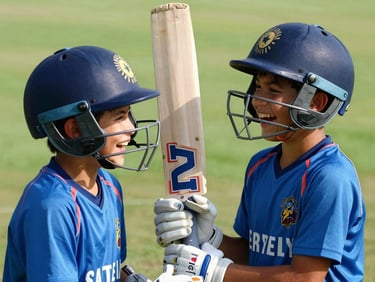 Close-up of two young boys aged seven laughing and holding cricket bats on a green grass pitch, natural midday sunlight, one wearing a blue helmet, focus and joy on their faces