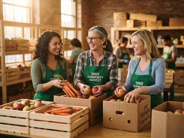 Candid medium shot of three smiling Ohio volunteers in green aprons packing fresh apples and carrots into cardboard boxes in a bright, sunlit community center warehouse.