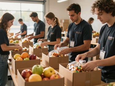 Volunteers packing healthy snack packs and fresh fruit into cardboard boxes in a bright, clean Ohio warehouse, active teamwork