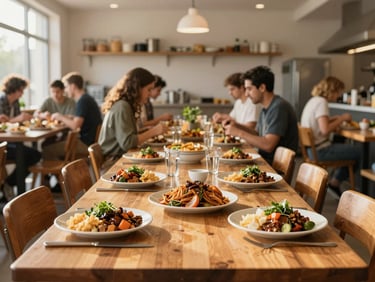 A bright, welcoming community kitchen dining room with long wooden tables set with plates of hot, nourishing food, soft indoor lighting