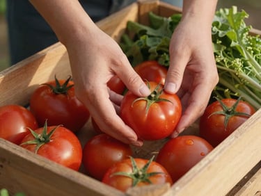 Close-up of hands placing fresh red tomatoes and green leafy vegetables into a wooden crate, warm natural lighting, rustic feel