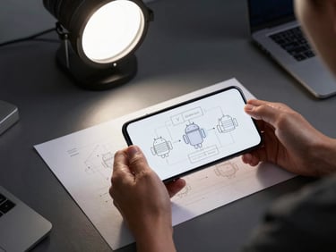 Wide shot of a developer at a dark desk holding an Android device with a wireframe interaction diagram visible on paper beside it, overhead studio light