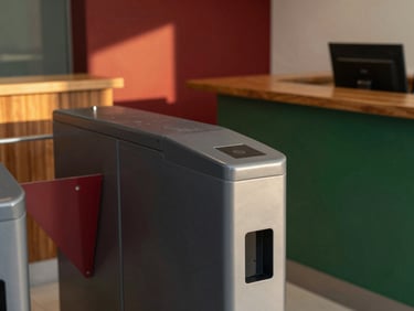Close-up of a dark grey electrostatic painted full-height turnstile in a well-lit modern corporate reception, warm wooden accents