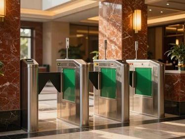 Polished stainless steel full-height turnstile in a luxury corporate headquarters lobby, warm marble walls, architectural lighting