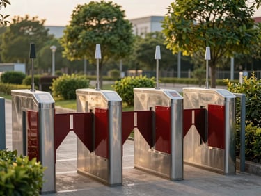 A robust galvanized steel full-height turnstile at an industrial plant entrance, outdoor setting during golden hour, landscaped background
