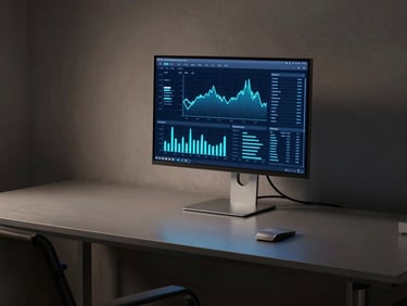 Minimalist modern workspace at night, single sleek monitor displaying analytics charts in neon blue, clean cable management, ambient low-key lighting, premium metal textures.