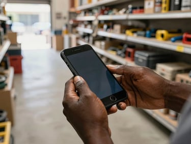 Close up of hands using a smartphone in a bright African hardware store, concrete floor, shelves with construction tools blurred in the background, natural morning light