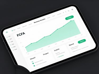 Clean and modern software interface mockup showing multi-store revenue analytics with local FCFA currency, simple green charts, and a responsive mobile layout